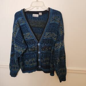 Vtg City Streets Cardigan Sweater Medium Mens Blue Abstract ButtonUp Grandpa 90s